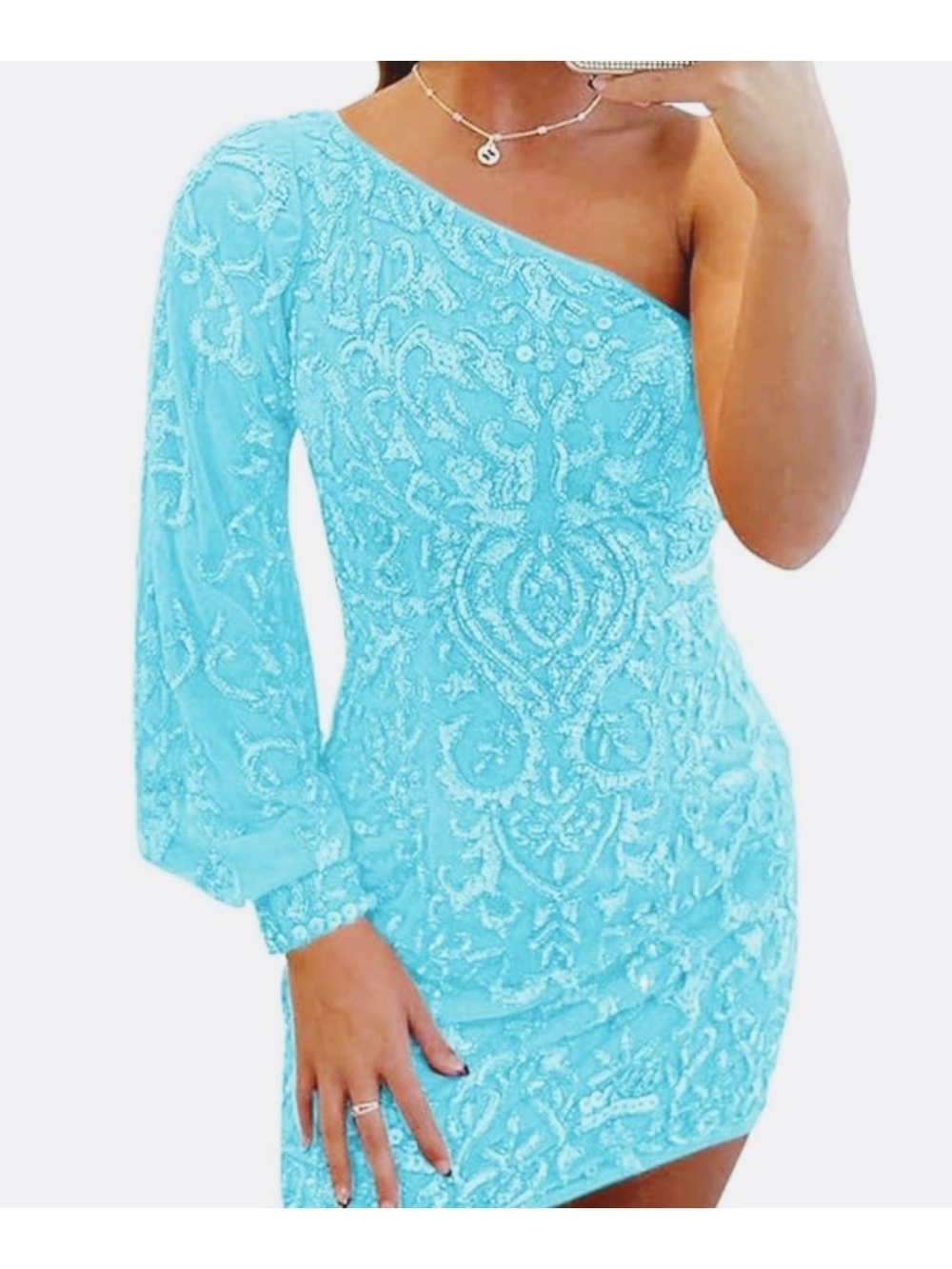 One-Shoulder Light Blue Embellished Mini Dress, Size 8